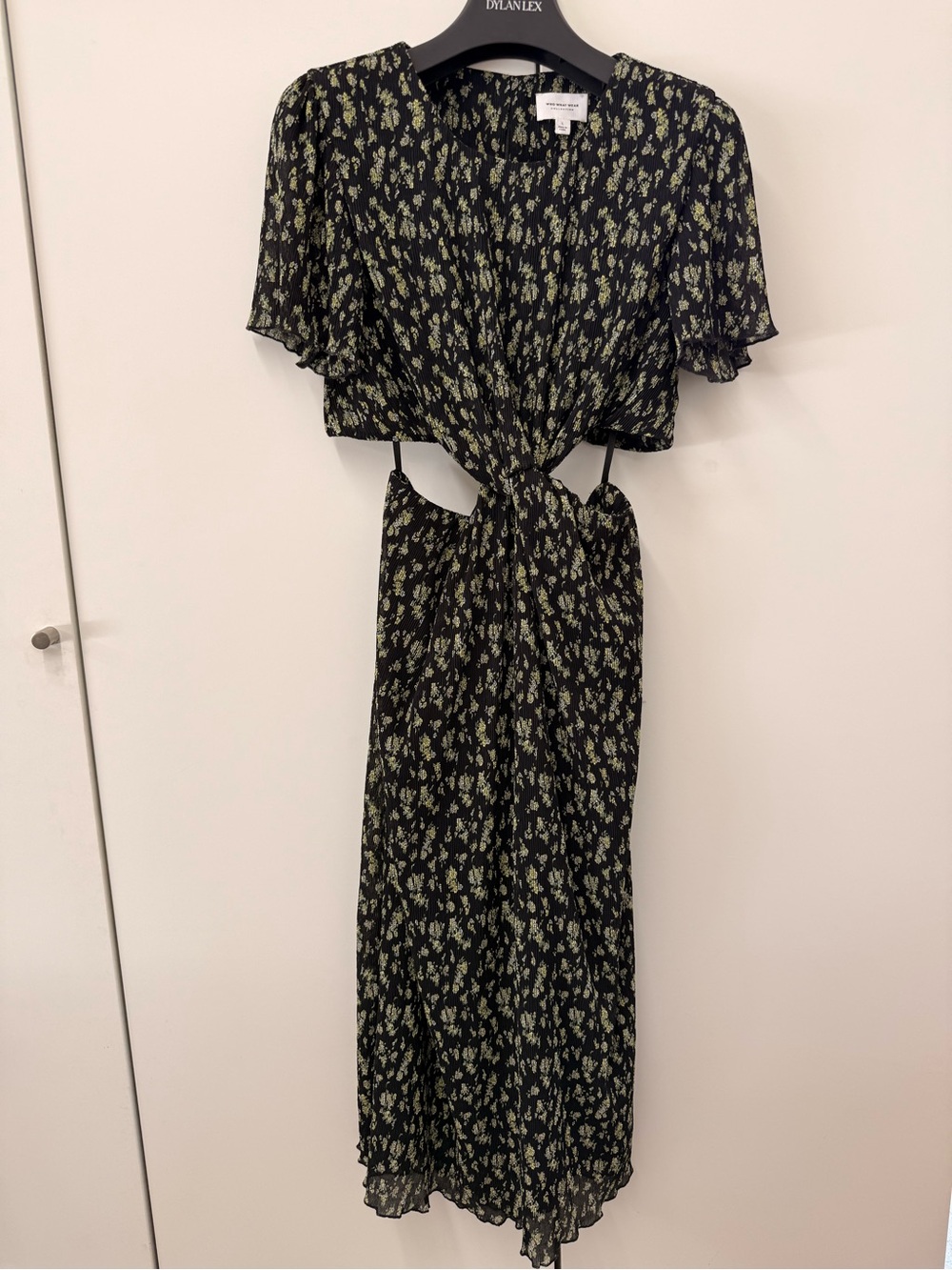 Black Floral Cutout Maxi Dress with Green Print